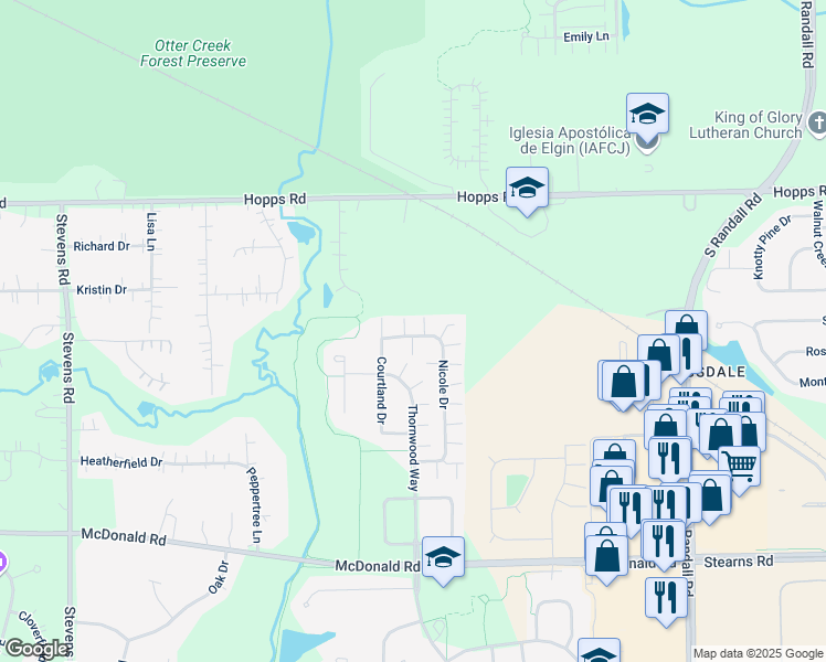 map of restaurants, bars, coffee shops, grocery stores, and more near 217 Nicole Drive in South Elgin