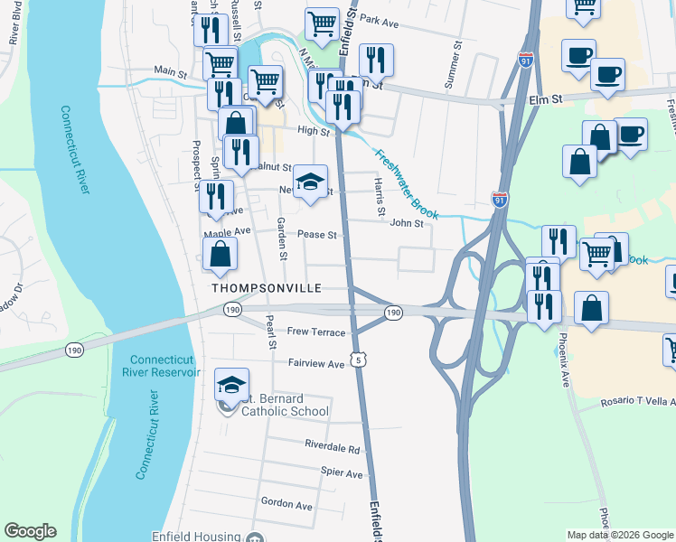 map of restaurants, bars, coffee shops, grocery stores, and more near 1043 Enfield Street in Enfield