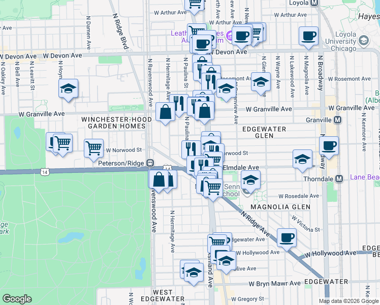 map of restaurants, bars, coffee shops, grocery stores, and more near 6058 North Paulina Street in Chicago