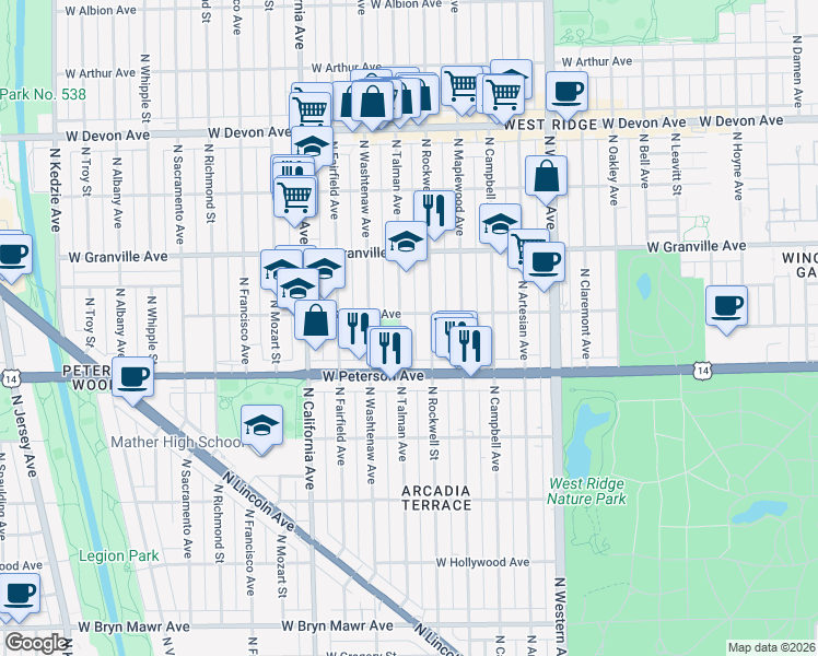 map of restaurants, bars, coffee shops, grocery stores, and more near 6049 North Talman Avenue in Chicago