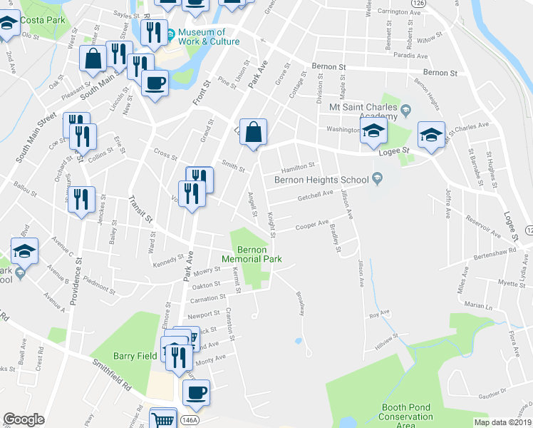 map of restaurants, bars, coffee shops, grocery stores, and more near 70 Angell Street in Woonsocket
