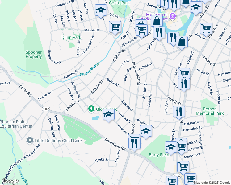 map of restaurants, bars, coffee shops, grocery stores, and more near 95 Ballou Street in Woonsocket