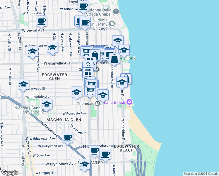 map of restaurants, bars, coffee shops, grocery stores, and more near 6106 North Kenmore Avenue in Chicago