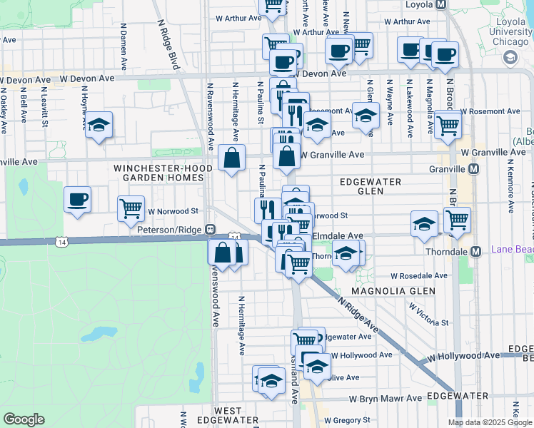 map of restaurants, bars, coffee shops, grocery stores, and more near 6058 North Paulina Street in Chicago