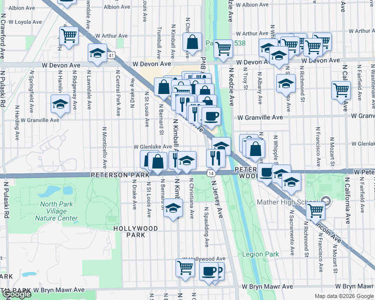 map of restaurants, bars, coffee shops, grocery stores, and more near 6113 North Christiana Avenue in Chicago