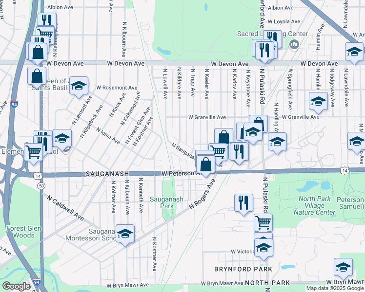 map of restaurants, bars, coffee shops, grocery stores, and more near 6128 North Kildare Avenue in Chicago