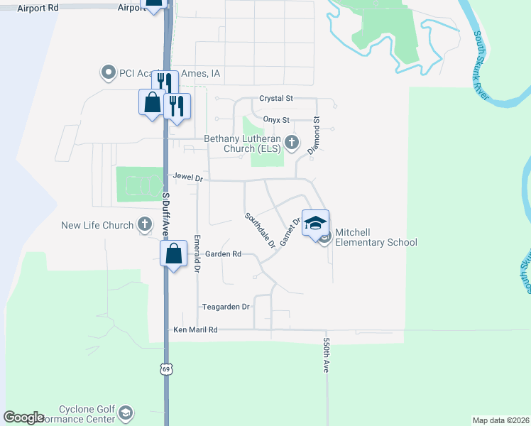 map of restaurants, bars, coffee shops, grocery stores, and more near 3319 Harcourt Drive in Ames