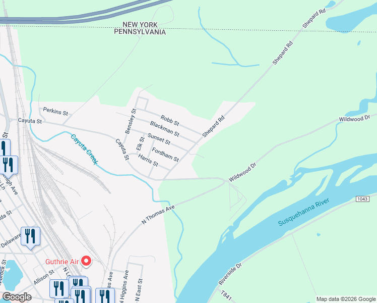map of restaurants, bars, coffee shops, grocery stores, and more near State Route 1071 in Sayre