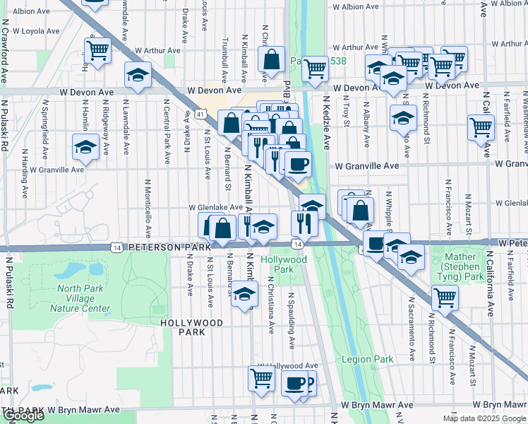 map of restaurants, bars, coffee shops, grocery stores, and more near 6113 North Christiana Avenue in Chicago