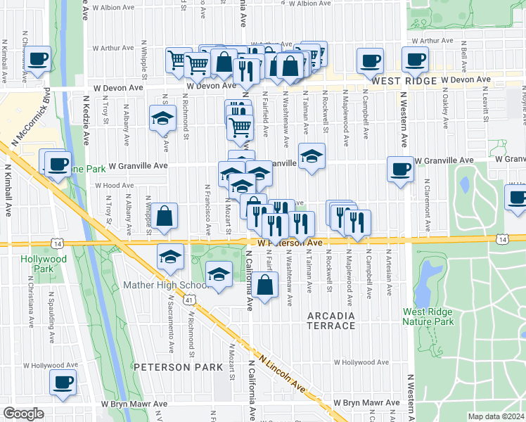 map of restaurants, bars, coffee shops, grocery stores, and more near 6048 North Fairfield Avenue in Chicago