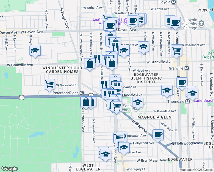 map of restaurants, bars, coffee shops, grocery stores, and more near 6058 North Clark Street in Chicago