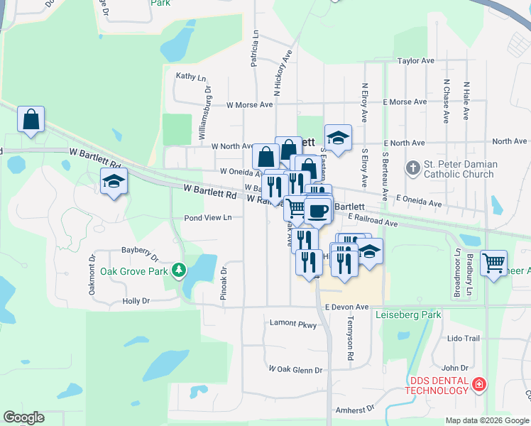 map of restaurants, bars, coffee shops, grocery stores, and more near 321 West Railroad Avenue in Bartlett