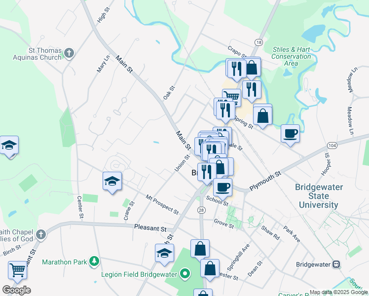map of restaurants, bars, coffee shops, grocery stores, and more near 120 Main Street in Bridgewater