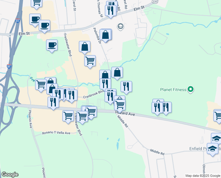 map of restaurants, bars, coffee shops, grocery stores, and more near 71 Palomba Drive in Enfield