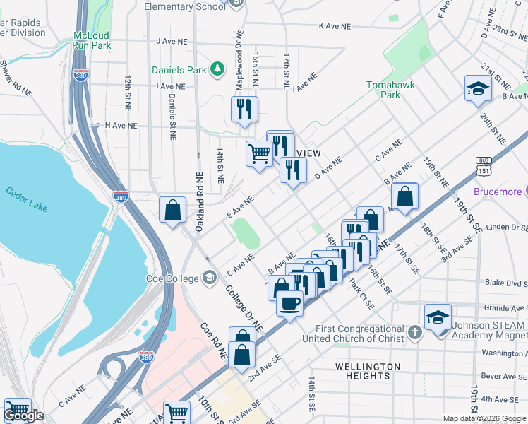 map of restaurants, bars, coffee shops, grocery stores, and more near 1504 D Avenue Northeast in Cedar Rapids