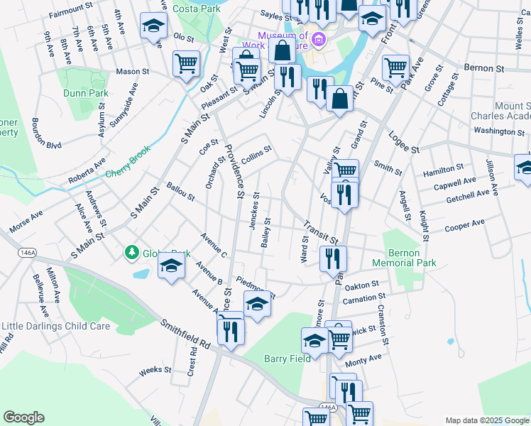 map of restaurants, bars, coffee shops, grocery stores, and more near 94 Jenckes Street in Woonsocket
