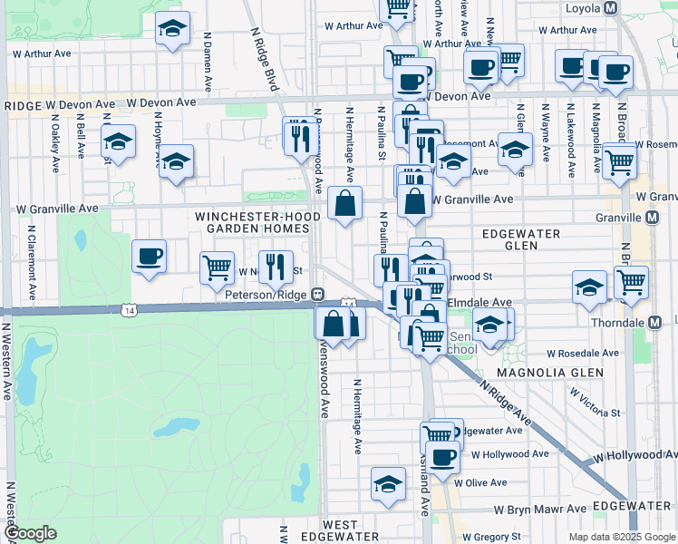 map of restaurants, bars, coffee shops, grocery stores, and more near 6062 North Hermitage Avenue in Chicago