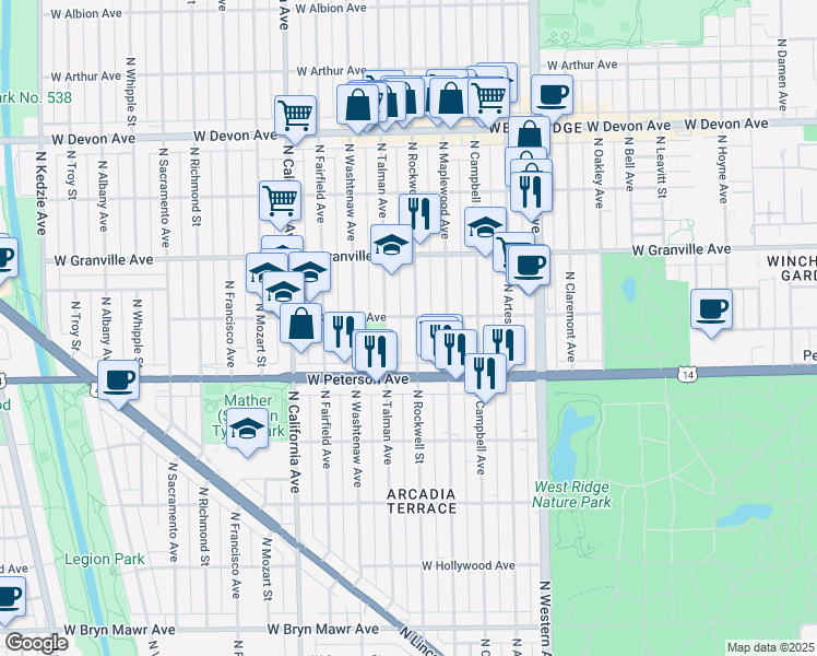 map of restaurants, bars, coffee shops, grocery stores, and more near 6107 North Rockwell Street in Chicago
