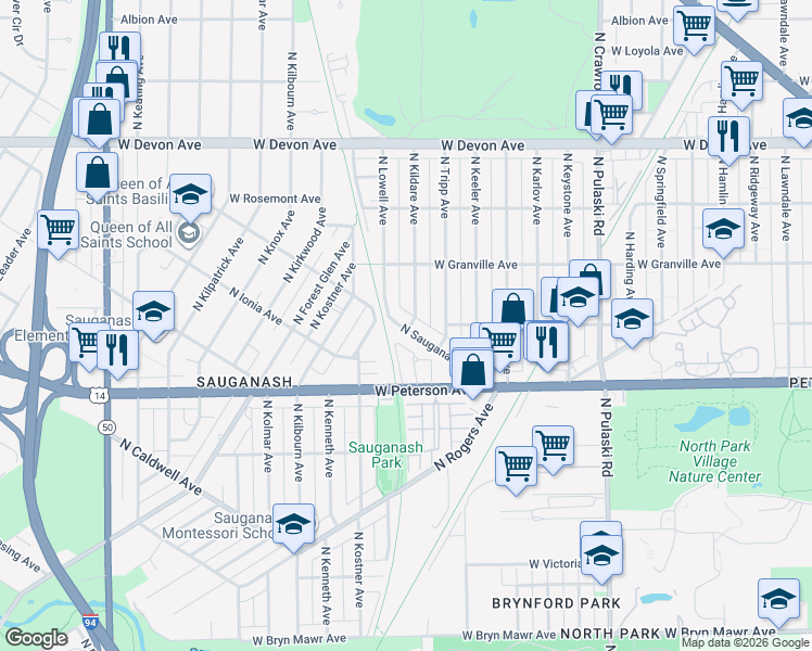 map of restaurants, bars, coffee shops, grocery stores, and more near 6128 North Kildare Avenue in Chicago