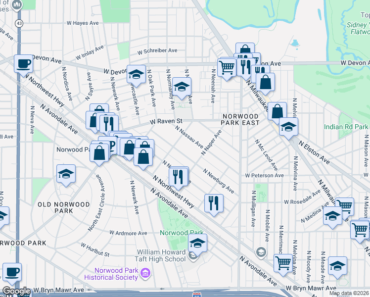 map of restaurants, bars, coffee shops, grocery stores, and more near 6140 North Nassau Avenue in Chicago