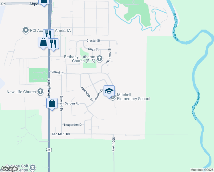 map of restaurants, bars, coffee shops, grocery stores, and more near 3317 Jewel Drive in Ames