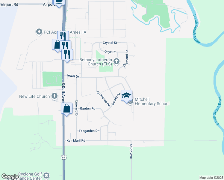 map of restaurants, bars, coffee shops, grocery stores, and more near 615 Meadow Place in Ames