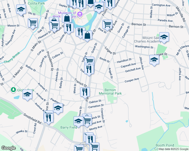 map of restaurants, bars, coffee shops, grocery stores, and more near 828 Park Avenue in Woonsocket