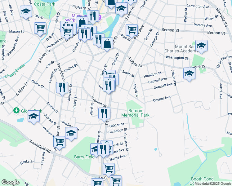 map of restaurants, bars, coffee shops, grocery stores, and more near 828 Park Avenue in Woonsocket