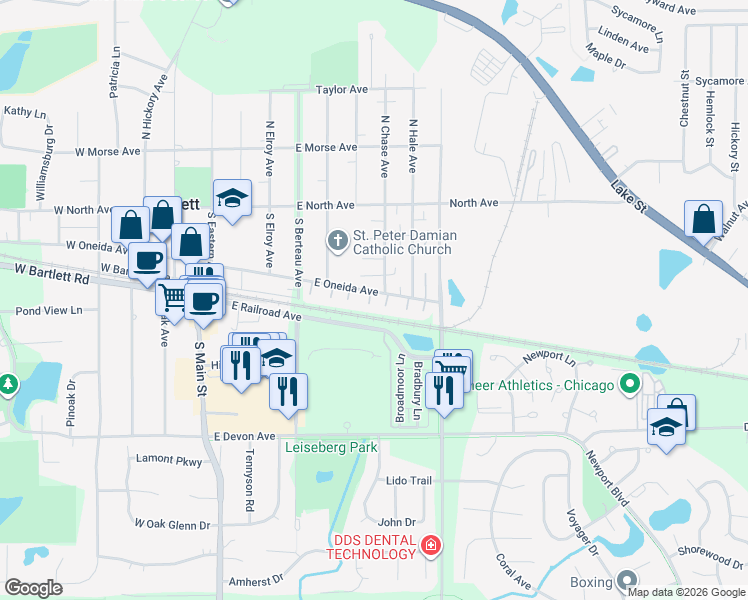map of restaurants, bars, coffee shops, grocery stores, and more near 189 Robert Court in Bartlett