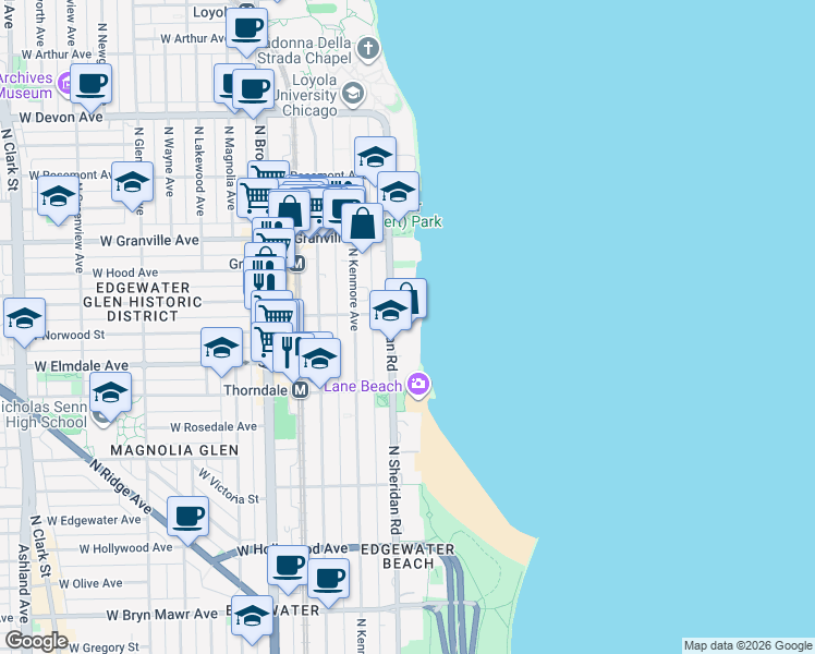 map of restaurants, bars, coffee shops, grocery stores, and more near 6033 North Sheridan Road in Chicago