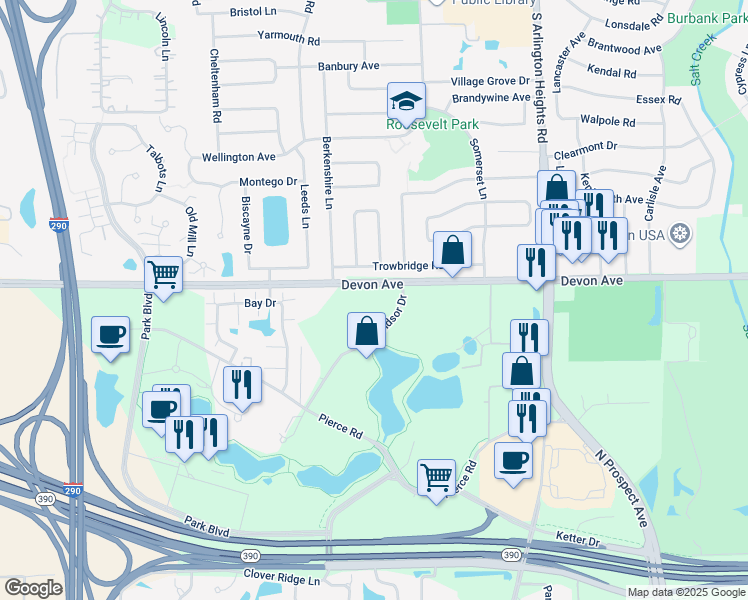 map of restaurants, bars, coffee shops, grocery stores, and more near 350 East Devon Avenue in Itasca