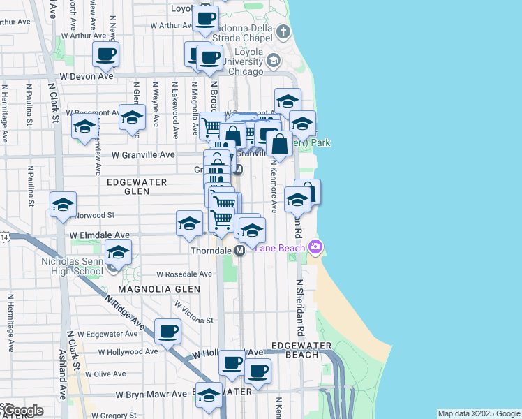 map of restaurants, bars, coffee shops, grocery stores, and more near 6106 North Kenmore Avenue in Chicago