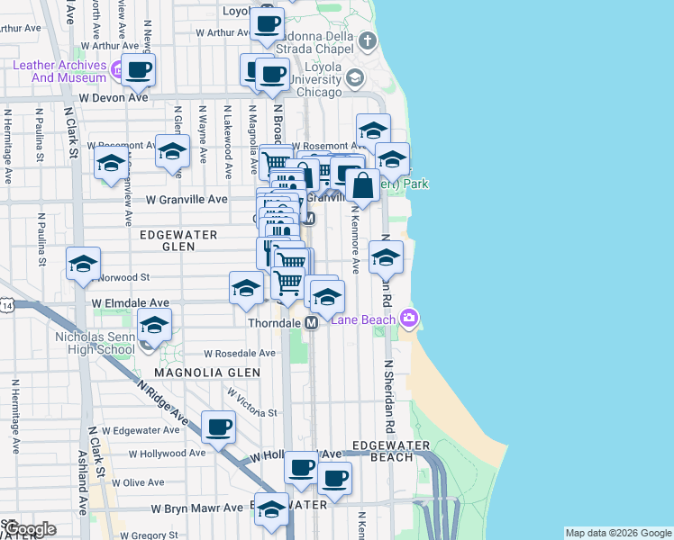 map of restaurants, bars, coffee shops, grocery stores, and more near 6102 North Winthrop Avenue in Chicago