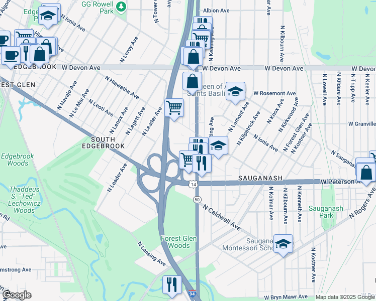 map of restaurants, bars, coffee shops, grocery stores, and more near 6100 North Cicero Avenue in Chicago