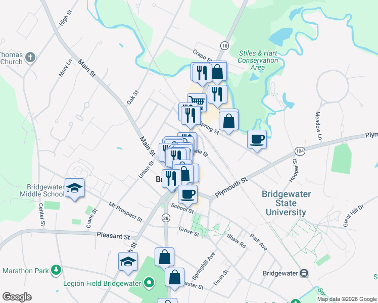 map of restaurants, bars, coffee shops, grocery stores, and more near 97 Broad Street in Bridgewater