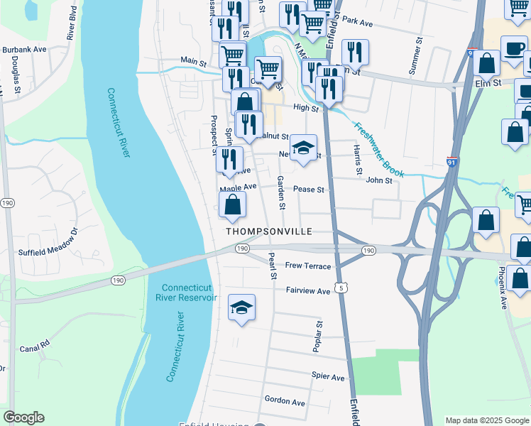 map of restaurants, bars, coffee shops, grocery stores, and more near 146 Pearl Street in Enfield