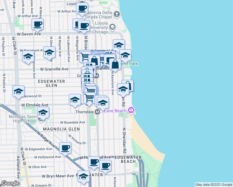 map of restaurants, bars, coffee shops, grocery stores, and more near 6106 North Kenmore Avenue in Chicago