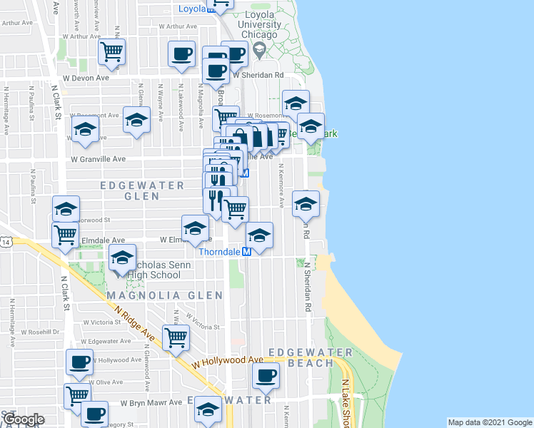 map of restaurants, bars, coffee shops, grocery stores, and more near 6102 North Winthrop Avenue in Chicago