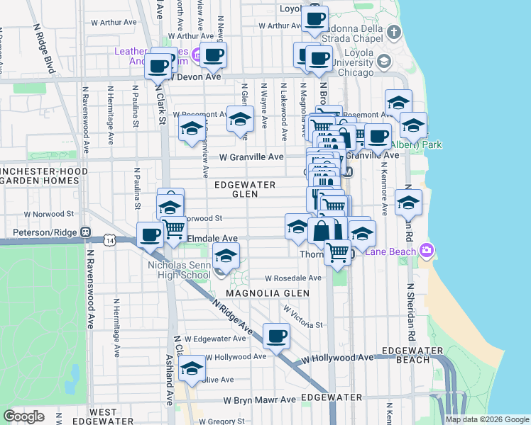 map of restaurants, bars, coffee shops, grocery stores, and more near 1341 West Glenlake Avenue in Chicago