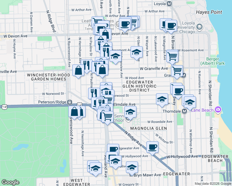 map of restaurants, bars, coffee shops, grocery stores, and more near 1535 West Glenlake Avenue in Chicago