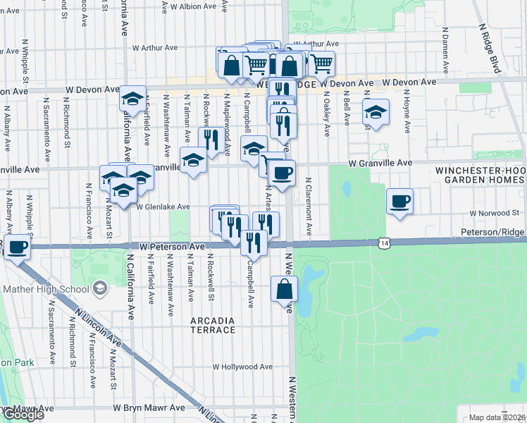map of restaurants, bars, coffee shops, grocery stores, and more near 6100 North Artesian Avenue in Chicago