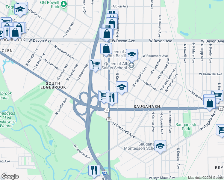 map of restaurants, bars, coffee shops, grocery stores, and more near 6139 North Cicero Avenue in Chicago