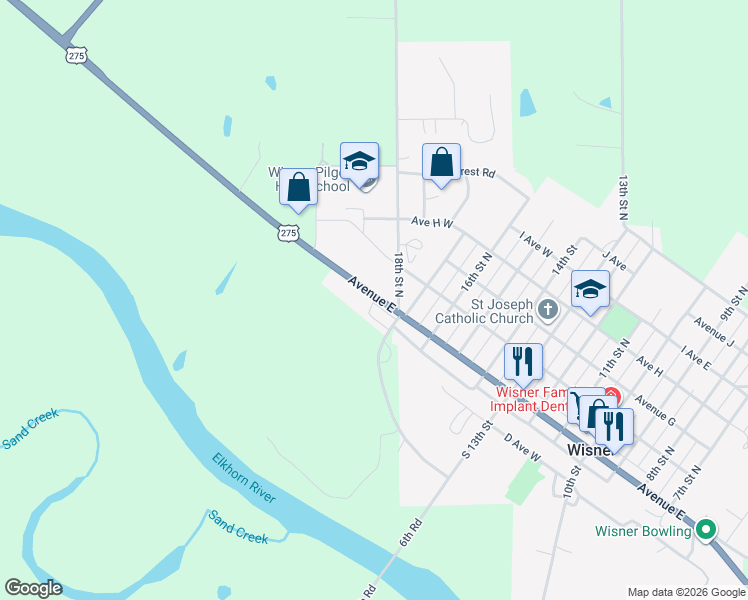 map of restaurants, bars, coffee shops, grocery stores, and more near 1809 Avenue East in Wisner