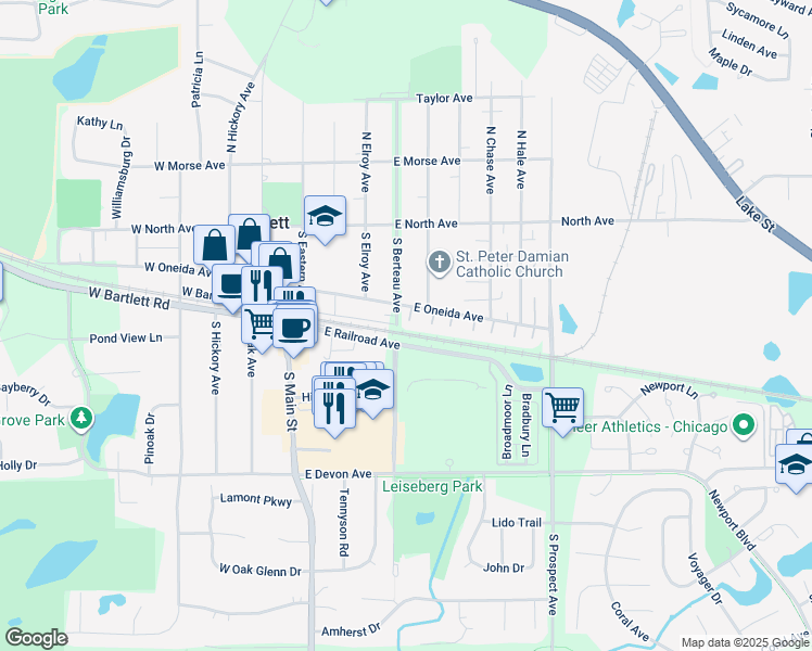 map of restaurants, bars, coffee shops, grocery stores, and more near 186 Judith Court in Bartlett