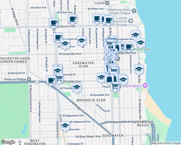 map of restaurants, bars, coffee shops, grocery stores, and more near 1341 West Glenlake Avenue in Chicago