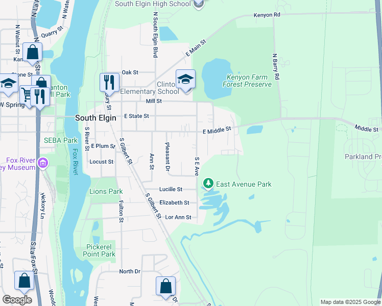 map of restaurants, bars, coffee shops, grocery stores, and more near 174 South East Avenue in South Elgin