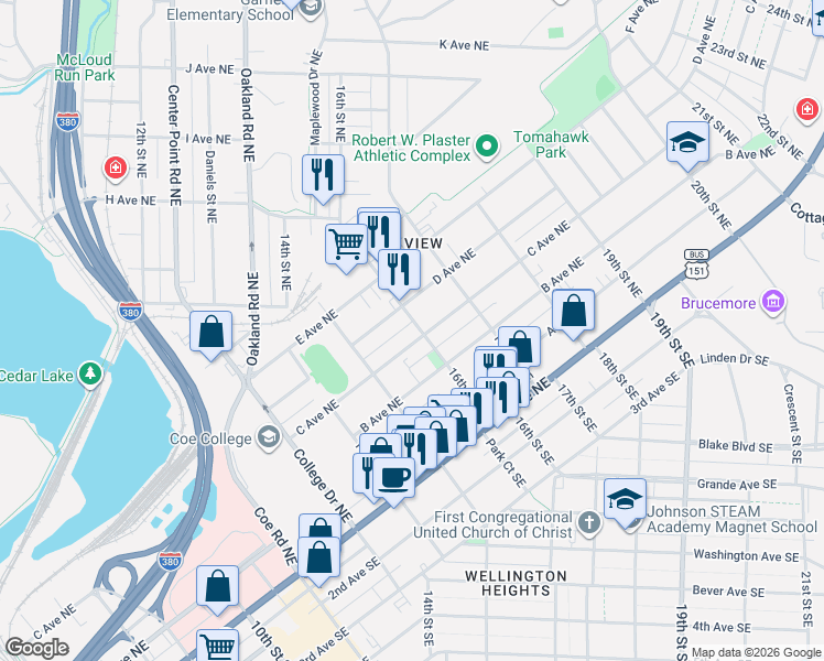 map of restaurants, bars, coffee shops, grocery stores, and more near 416 16th Street Southeast in Cedar Rapids