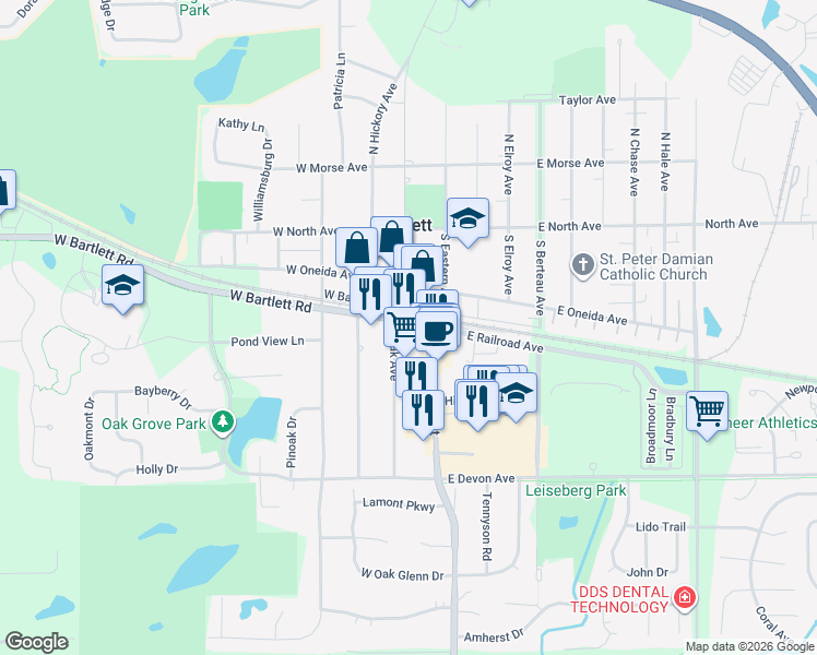 map of restaurants, bars, coffee shops, grocery stores, and more near 112 West Bartlett Avenue in Bartlett