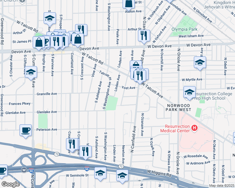 map of restaurants, bars, coffee shops, grocery stores, and more near 1409 Linden Avenue in Park Ridge