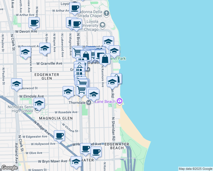 map of restaurants, bars, coffee shops, grocery stores, and more near 6106 North Kenmore Avenue in Chicago